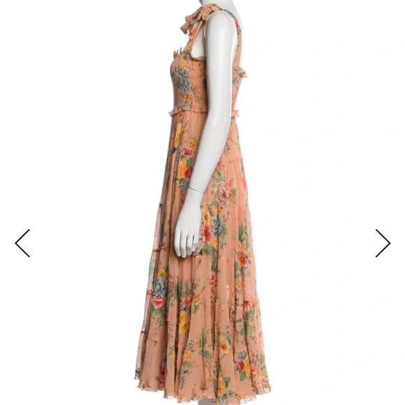 Zimmermann Zinnia Shirred Cotton-Silk Crepon Midi Dress in Coral Floral size 0 - Picture 9 of 14